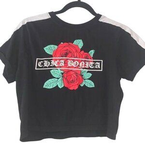 Chica Bonita Black Crop Top With Red Rose Graphic & White Shoulder Accents 100%